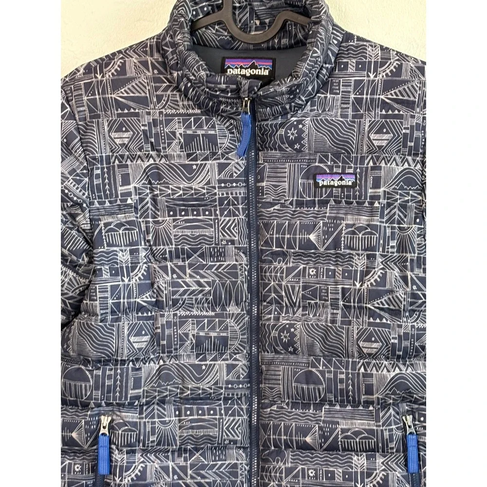 Patagonia Down Sweater Jacket Navy Blue Geometric Kids Large 12 Puffer Zip‎